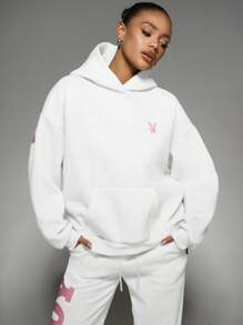 Missguided x Playboy Oversized Drawstring Hoodie Jogger Sweatshirt Long Sleeve Lounge Streetwear Fall Winter Casual Comfort Athleisure - White - View 2