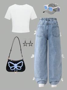 SHEIN ChillGRL 2件套女孩休闲日常通勤装，含蝴蝶结T恤和牛仔裤