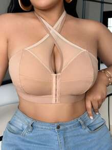 SHEIN 加大码舒适无钢圈低胸挂脖文胸 - 駝色 - 查看 5