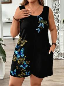 EMERY ROSE Plus Size Women's Casual Minimalist Blue Butterfly Print Jumpsuit, Suitable For Spring/Summer, Mother's Day,Flower/Vacation, Spring Break - Multicolor - View 3