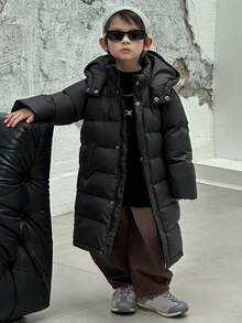 DAZY Abrigo acolchado de estilo coreano casual, suelto y de longitud media con capucha para niños pequeños - Negro - Ver 2