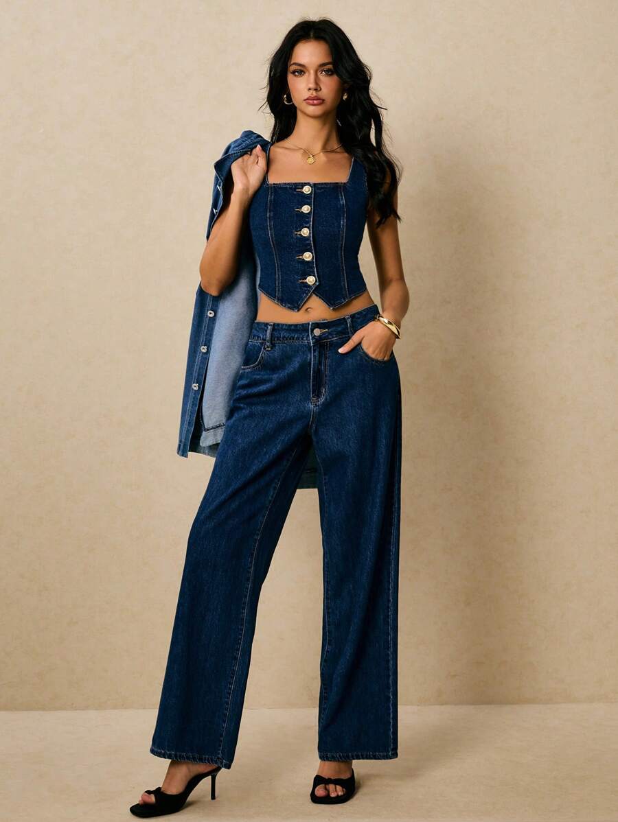 Poéselle 女式夏季休闲前扣无袖牛仔衬衫 - 深色水洗藍 - 查看 1