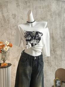 SHEIN Essnce Áo thun tay ngắn hở vai in hình mèo đen trắng cổ điển dành cho nữ, giản dị và tối giản - Nhiều màu - Xem 6