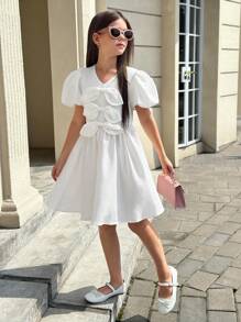 SHEIN Tween Girls' Academic V-Neck White Dress With Dramatic Sleeves & Bow, Back-To-School Season - White - View 1