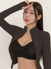 DAZY Women Small Standing Collar Elastic Fitted Long Sleeve Jacket, Casual Sports, Spring & Autumn - Coffee Brown - View 5