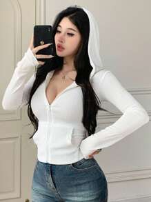 DAZY Chaqueta corta, casual y sexy con capucha, cintura ceñida y textura de tela para mujer - Blanco - Ver 2