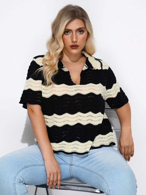 Maija Plus Size Pullover Sweater, Black & White Contrast Wave Knitted Polo/V-Neck Short Sleeve Striped Casual Knit Top, Autumn Fall Women Clothes Autumn Clothes Back To School Clothes Homecoming Modest Vintage Clothes Women Old Money Teacher Outfits For Women Romantic, Fashion, Versatile;  Comfortable,  Stylish, Elegant, Casual, , Simple Daily Wear, Essential, Solid Color, Holiday Casual, Decent, Single Lady,  Elegant Fashion Business Casual Woman Going Out Tops Graduation Outfit  Steacher Outfits For Women