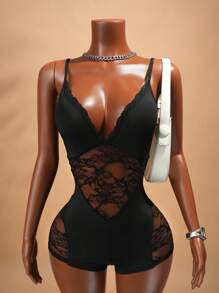 BamGleam 女式撞色蕾丝性感紧身连衣裤 - 黑色 - 查看 3