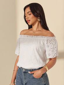Almamuse Women's Solid Color Casual Embroidered Off Shoulder Blouse - White - View 6