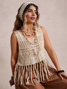 SHEIN VCAY 大码女式宽松针织上衣，流苏下摆，休闲钩针背心，可爱夏季上衣，适合夏季复活节、节日、锐舞派对、波西米亚风、毕业典礼、婚礼宾客、女士度假、波西米亚风音乐节、乡村音乐会、早午餐等场合。 - 杏色 - 查看 1