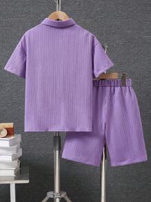SHEIN Tween Boys' Solid Color Short Sleeve Shirt And Shorts 2 Pieces Set, Casual, School, Campus, College - Purple - View 3