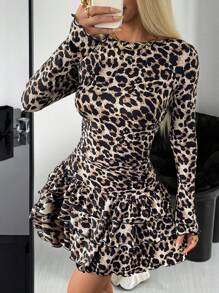 SHEIN EZwear 豹纹船领长袖紧身针织连衣裙 - 卡其色 - 查看 5