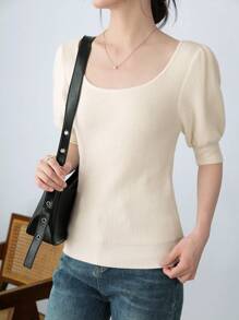 SHEIN Unity Tops de punto de manga corta abullonada con cuello redondo en color albaricoque para mujer, suéteres de otoño para mujeres, para la escuela, profesoras, vuelta al cole - Albaricoque - Ver 5