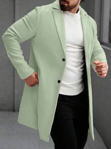 Manfinity Homme 男士纯色翻领长袖休闲长款羊毛绿色大衣，秋季 - 薄荷綠 - 查看 7