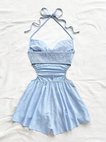 Soleia 女士度假风系带垂坠领露腰连体衣，宽松下摆，适合派对、下午茶、城市街头穿着 - 淺藍色 - 查看 2