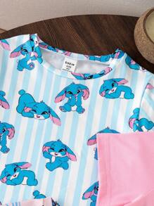 Set de 3 camisetas básicas de manga corta con cuello redondo, estampado de conejo y rayas, para niñas, estilo casual y lindo, para verano - Multicolor - Ver 3