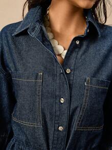 Easelle Denim Regular Jacket Long Waisted Jacket Spring And Autumn, Back To School, Vintage, Fall Women Clothes, Streetwear - Dark Wash - View 3