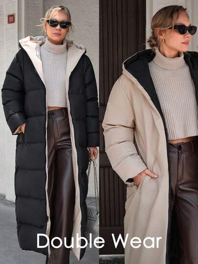 CLARA VERO Women Beige And Black Pocket And Zipper Detailed Padded Winter Coat
