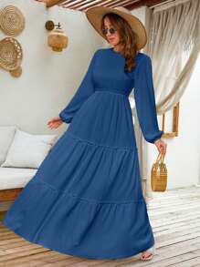 LANTERN LONG SLEEVE LAYERED LONG DRESS - Navy Blue - View 3