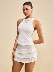 Muvela 2025 Summer & Autumn New Women's All White Sleeveless Ruffle Trim Fashionable Knit 2 Pieces Set, Y2K Countryside Music Festival Vintage Style, Casual For Street, Office, Date, Party, Travel, Back To School, Autumn Knitwear Set