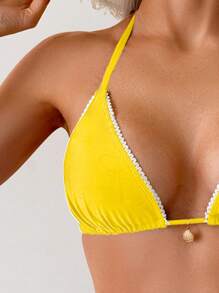 Swim Basics 2 bộ bikini tam giác gợi cảm đơn giản viền ren buộc cổ cho nữ - Màu vàng - Xem 5