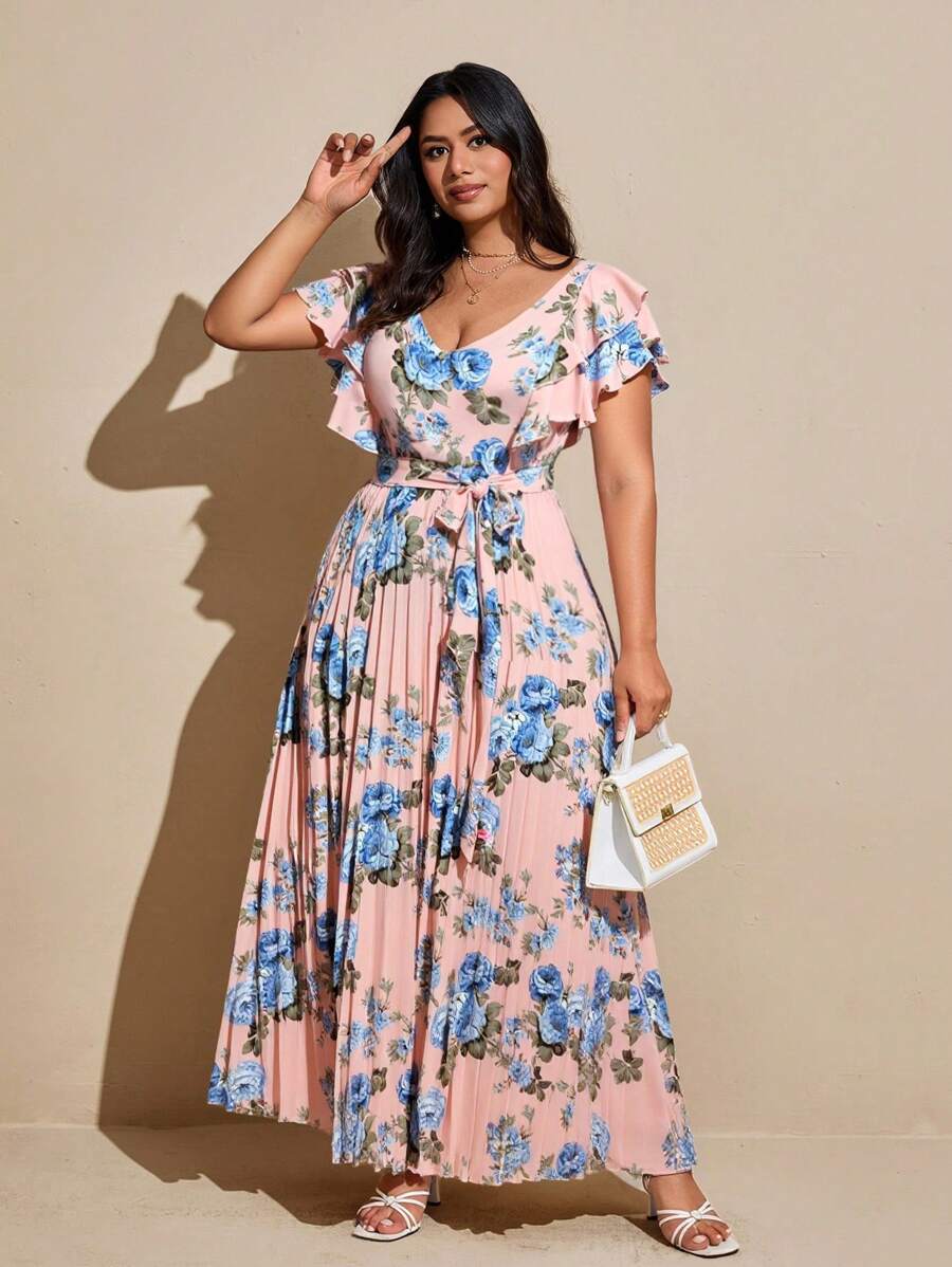 Viva Relle 大码女式优雅花卉V领荷叶边A字腰夏季度假连衣裙 - 珊瑚粉 - 查看 1