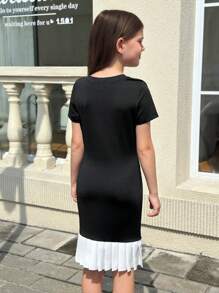 Vestido plisado de tela de ajuste delgado con diseño de patchwork para niñas preadolescentes, de uso casual y elegante diario - Negro - Ver 2