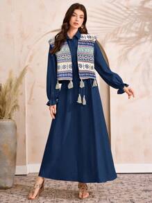 Al Najma 女士阿拉伯时尚套装，长袖，适合夏季 - 藏蓝色 - 查看 4