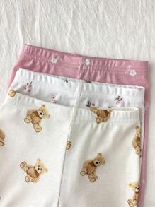 SHEIN LMoss Kids 6 件套女婴可爱卡通熊和花卉图案荷叶边圆领短袖上衣和裤子针织睡衣套装，休闲舒适 - 彩色 - 查看 5