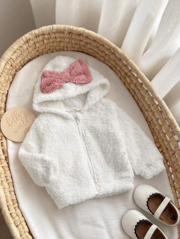 SHEIN Neugeborenes Baby Mädchen Herbst/Winter niedliche und warme Jacke mit Farbblock und pelzigem Schleifen Dekor mit Kapuze