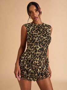 SHEIN BAE 女式豹纹层叠荷叶边下摆无袖迷你连体裤，女式西部装，女式沙滩装，女式度假装，女式性感夜店装 - 卡其色 - 查看 6