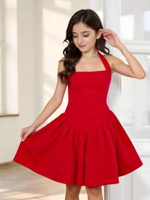 Firerie Kids Firerie Kids Tween Girls Casual Elegant Red Knit Spaghetti Strap Snug Fit Fit-And-Flare Mini Dress, Suitable For Valentine's Day, Halloween, Party, Everyday, Back To School Outfit Red Dress For Tween Girls Halter Neck Red Dress Red Skater Dress Sleeveless Red Dress Party Dress For Tween Girls