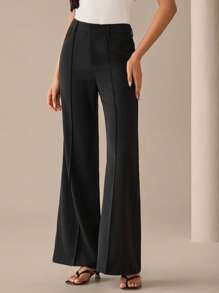 Lilora 纯色褶皱优雅时尚口袋喇叭裤都市风格女士休闲通勤裤都市休闲浪漫优雅外出