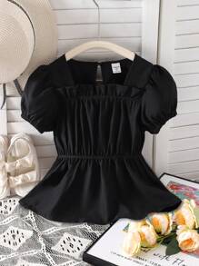 Tween Girl Frill Trim Balloon Sleeve Black Blouse - Black - View 5