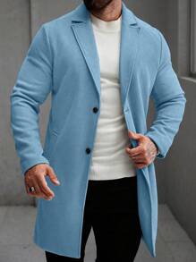 Manfinity Homme Men's Solid Color Lapel Neck Long Sleeve Casual Long Woolen Blue Overcoat , Fall - Teal Blue - View 5