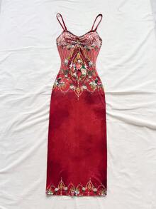 Soleia Women's Floral Print Lace Patchwork Elegant Spaghetti Strap Dress Red Summer Dress Red Floral Dress Vacation Dress Red Dress