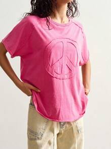 Bohemela Tricou casual de culoare solidă tricotat cu guler rotund, mânecă scurtă, lejer, stil uzat, pentru femei - Roz - Vizualizare 3