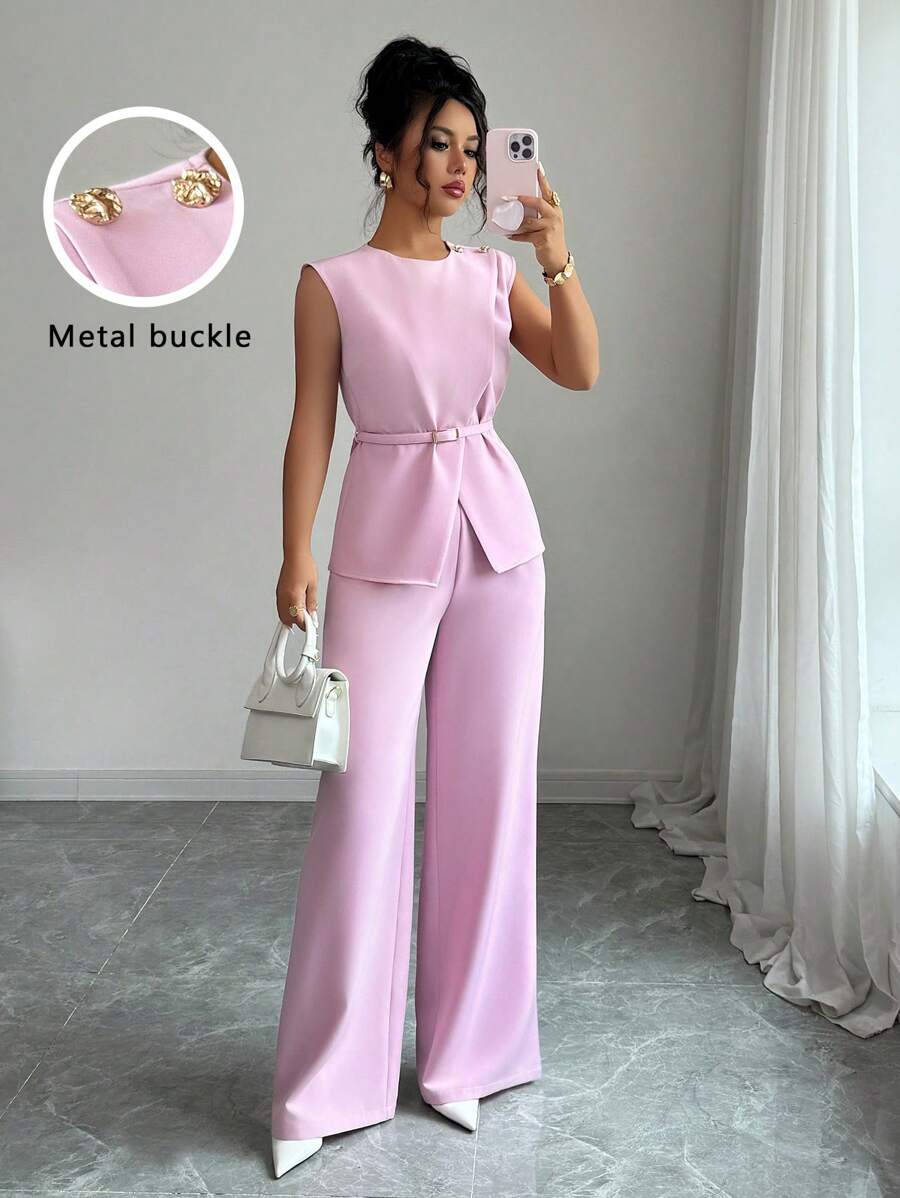 Elenzga 女士优雅办公室通勤休闲下午茶派对装，领腰金属纽扣可调节肩部不对称下摆分层衬衫搭配宽松阔腿裤套装，2 件套，春夏 - 粉色 - 查看 1