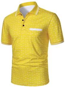Calvornis Kemeja Polo Pria Lengan Pendek Bergaris Motif Mahkota, Kasual/Komuter - Kuning - View 4