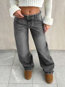 SHEIN Tall 高腰宽松直筒牛仔裤 - 淺灰色 - 查看 6