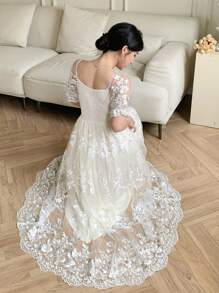 DAZY Đầm midi nữ thanh lịch phối ren, cổ vuông, tay phồng, thích hợp cho các dịp trang trọng, mùa hè. - trắng - Xem 2