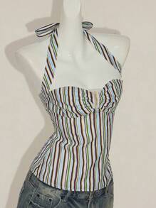 SHEIN ICON Striped Backless Halter Neck Top, Summer - Multicolor - View 5