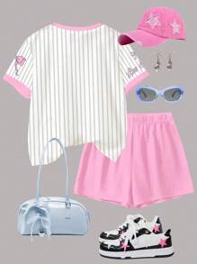 SHEIN Leap Crew 2pcs/Set Teen Girl Casual Glitter Bowknot Striped Letter Graphic Print Round Neck Short Sleeve T-Shirt And Shorts Set, Suitable For All Seasons - Summer Outfits For Easy Comfort, Autumn Layers For Kids, Stylish Kids, Casual Wear, Graphic Clothes, Back To School, Fall Clothes, Homecoming - Multicolor - View 2