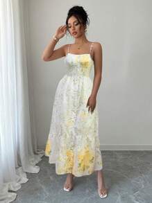 Rafferiza 女士优雅刺绣花卉印花吊带背心连衣裙 - 淡黃色 - 查看 6