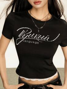 INAWLY Summer Casual Beaded Decor Lace Trim T-Shirt - Black - View 6