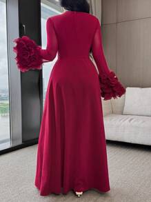 Feyla Damen bescheidenes Kleid mit festgeschnürter Taille, langärmelig, einfarbig im arabischen Stil