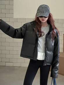 Dazy Kids Teen Girls' PU Casual Street Style Loose Solid Color Padded Coat, Winter Leather Jacket - Black - View 3