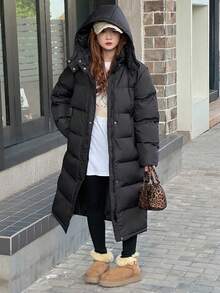 DAZY Hooded Loose Fit Mid-Length Padded Coat For Teen Girl Solid Color, Winter - Black - View 2