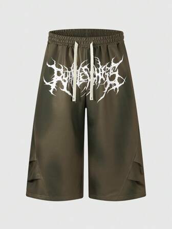 Street Life Pantalones deportivos holgados con estampado de letras góticas y cordón en la cintura para hombre