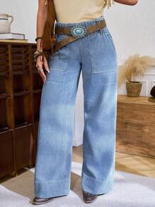 LanaWest Jeans vaqueros de pierna ancha y ajuste relajado con efecto desgastado para mujeres - Lavado ligero - Ver 6